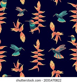 Colibri bird of paradise vector seamless pattern 