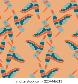 Colibri bird seamless pattern in mid century style. Perfect retro print for tee, paper, fabric, textile. Hand drawn vector illustration for decor and design.
