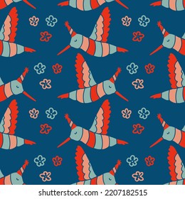 Colibri birds in caps and flowers seamless pattern. Perfect floral print for tee, paper, fabric, textile. Hand drawn vector illustration for decor and design.

