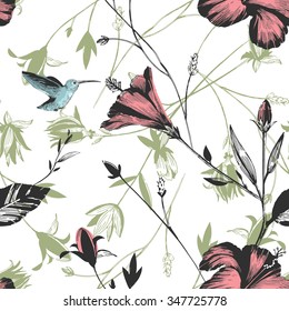 colibri floral hibiscus plants pattern