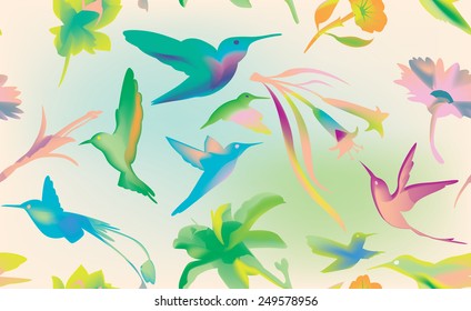 Colibri and flowers vector seamless, humming bird texture background, bright and colorful