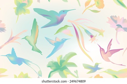 Colibri and flowers vector seamless, humming bird texture background, pastels