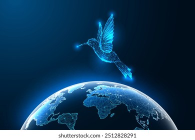 Colibri flying over planet Earth on dark blue background symbolizes global harmony, environmental conservation, and beauty of nature. Glowing low polygonal modern abstract design vector illustration.