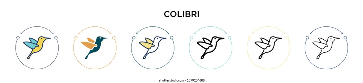 Icono de Colibri en estilo relleno, delgado, contorno y trazo. Ilustración vectorial de dos iconos de los vectores de colibri de color y negro se puede utilizar para móviles, ui, web