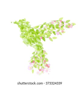 Colibri icon. Flying beautiful bird with flowers and green leaves. Vector illustration