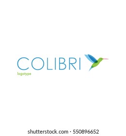 Colibri logo. Bird logotype. Blue, green colored flying bird.