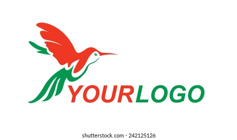 Colibri logo, humming-bird vector logotype, flying, green and red color