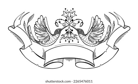 Colibri and Ribbon doodle vector picture. Black ink style. Place for own text. Hero section for web. 