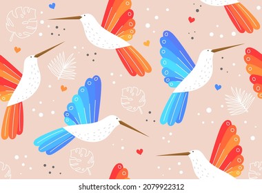 Colibri seamless pattern. Repetitive patterns for printing on fabric. Birds, nature, fauna, beautiful patterns. Childrens drawings, textiles, fashion, style. Cartoon flat vector illustration