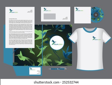 Colibri vector corporate identity template design, humming bird logo, green and blue dark