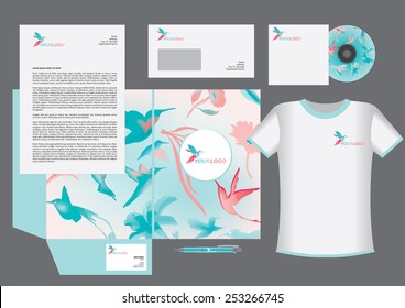 Colibri vector corporate identity template design, humming bird logo, blue, pink and cyan