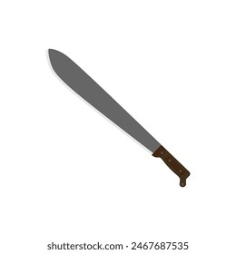 colima machete flat design illustration isolated on white background. Melee weapon of hunter in jungle. Hatchet or machete handle ancient tool for woodcutting and cutting branches by hand.