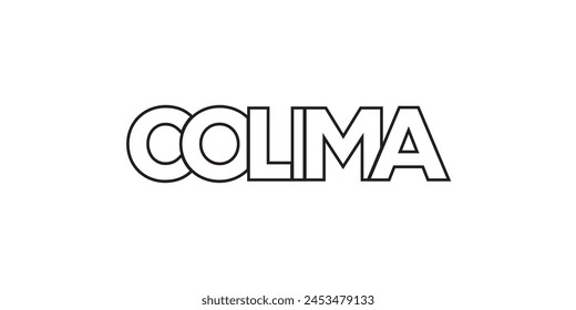 Colima en el emblema de México. El diseño presenta un estilo geométrico, Ilustración vectorial con tipografía audaz en un estilo moderno. La letra gráfica del eslogan.