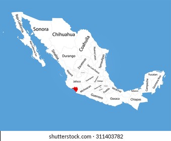 Colima, Mexico, vector map silhouette isolated on Mexico map. Editable blank vector map of Mexico. 