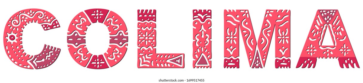 Colima. Red isolated inscription with national ethnic ornament. Patterned Mexican Colima for print on clothing, t-shirt, souvenir, booklet, poster, banner, flyer, card, bag. Stock vector picture.