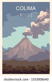 Colima Retro Poster. Colima Reise Illustration. Staaten von Mexiko Grußkarte.