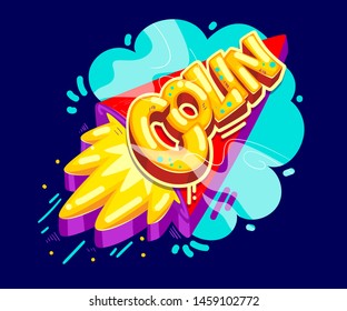 Colin boy name graffiti style on the rocket  start. Cartoon vector kids name illustration 