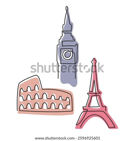 Coliseum, Big Ben, Eiffel tower travel landmarks one line art vector illustration