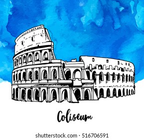 Coliseum, Colosseum in Rome, Italy, vector illustration with watercolor background