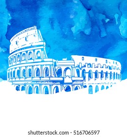 Coliseum, Colosseum in Rome, Italy, vector silhouette illustration with watercolor background