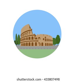 Coliseum, Colosseum vector icon sign. Flavian Amphitheatre located in Rome, Italy. World famous landmark. Vector flat style design. Website, application button. Postcard, Postage Stamp, card