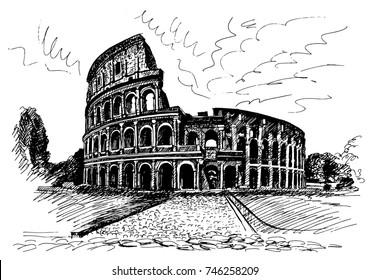 The coliseum is huge, colossal or the amphitheater of Flavia, a monument of architecture of ancient Rome, Italy hand-drawn and traced, drawing of the Colosseum by hand.