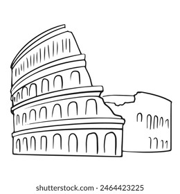 coliseum illustration. Doodle, Sketch, line art vector isolated on white. Outline icon for traveling, tourism, attractions, architecture poster, banner, card, souvenir. Tourism, Italy, Roman symbol