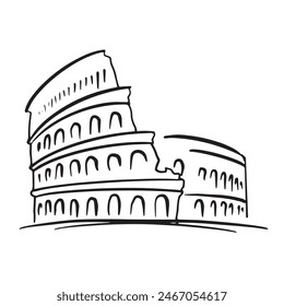 coliseum illustration. Doodle, Sketch, line art vector isolated on white. Outline icon for traveling, tourism, attractions, architecture poster, banner, card, souvenir. Tourism, Italy, Roman symbol