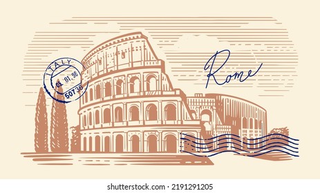 Coliseum in Italy. Hand drawn illustration. Rome. Famous historical landmark