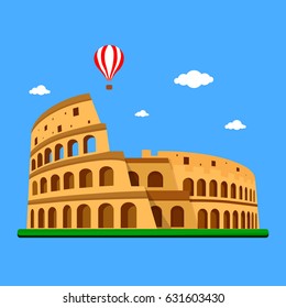 Coliseum in Italy on blue background with clouds and balloon. Vector illustration, flat design.