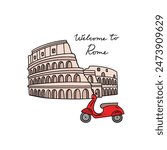 Coliseum and motorbike vector illustration. Hand drawn Italy travel clipart. Rome poster