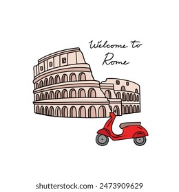 Coliseum and motorbike vector illustration. Hand drawn Italy travel clipart. Rome poster