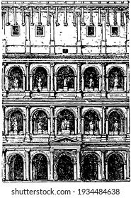 Coliseum Façade,  an oval amphitheatre, the centre of the city of Rome, the reign of Domitian,  the Flavian dynasty, vintage line drawing or engraving illustration.