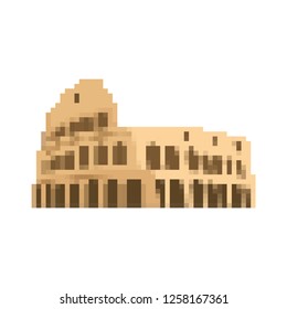 Coliseum pixel art. Rome landmark 8 bit. Italy showplace Pixelate 16bit. Old game computer graphics style