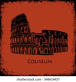 Coliseum in Rome, Italy. Black silhouette Colosseum hand drawn vector illustration in the style of ancient vase painting background