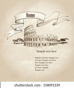 Coliseum in Rome, Italy. Colosseum hand drawn vector illustration isolated over old paper background 