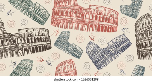 Coliseum in Rome, Italy. Seamless pattern. Packing old paper, scrapbooking style. Vintage background. Medieval manuscript, engraving art. Symbol of gladiator fights 