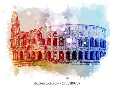 Coliseum in Rome, Italy. Vintage design. Linear sketch on a watercolor textured background. EPS10 vector illustration