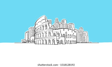 Coliseum In Rome Lineart Vector Sketch. and Drawn Illustration on blue background.