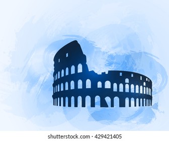 Coliseum ruin silhouette on colorful background. Coliseum sign. Tourism sight. Vector illustration.