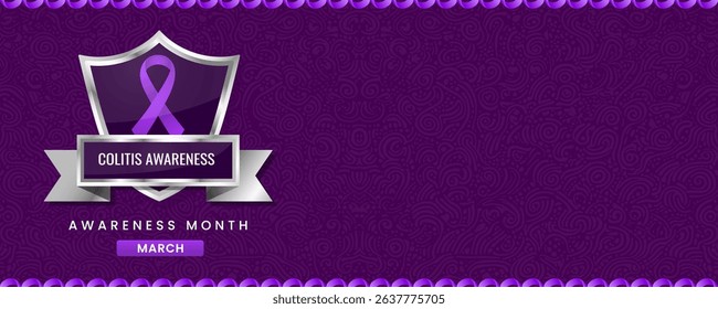 Colitis Awareness Month banner, with Purple ribbon, shield and space for text. Design for Banner or Header.