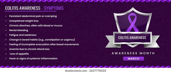 Colitis Awareness ribbon with Symptoms, Shield Design with Pattern Based Background.