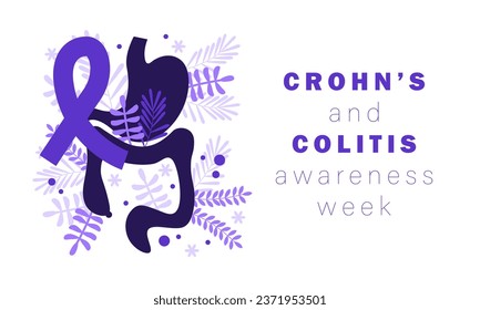 Crohn’s and Colitis Awareness Week. Purple awareness ribbon, stomach, intestine, bowel. Crohn's Disease and Ulcerative Colitis