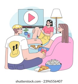 Co-living. Friends or roommates living together. Characters hang out in dormitory or student apartment. Joint living and recreation in friends company. Flat vector illustration.