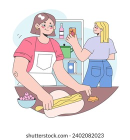 Co-living. Friends or roommates living together. Characters hang out in dormitory or student apartment. Joint living and recreation in friends company. Flat vector illustration.