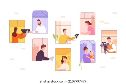 Coliving. Neighbors windows share things, community home city neighborhood, neighbor unity good aid apartment house, mutual help lockdown concept cartoon splendid vector illustration