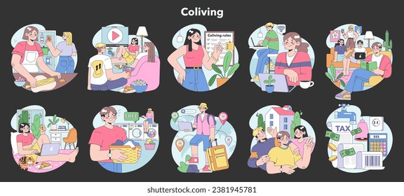 Co-living night or dark mode set. Friends or roommates living together. Characters hang out in dormitory or student apartmen. Joint living and recreation in friends company. Flat vector illustration.