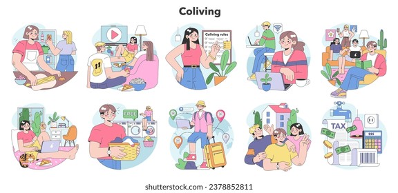 Conjunto de convivencia. Amigos o compañeros de habitación viviendo juntos. Los personajes cuelgan en dormitorios o en apartamentos estudiantiles. Vida conjunta y recreación en compañía de amigos. Ilustración vectorial plana.