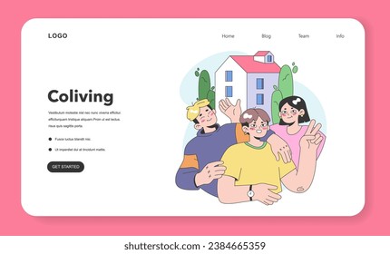 Co-living web banner or landing page. Friends or roommates living together. Characters hang out dormitory or student apartment. Joint living in friends company. Flat vector illustration.