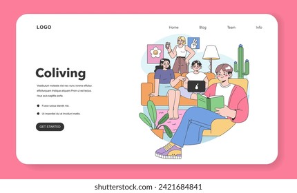 Co-living web banner or landing page. Friends or roommates living together. Characters hang out dormitory or student apartment. Joint living in friends company. Flat vector illustration.